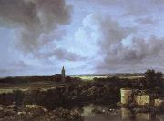 Jacob van Ruisdael an extensive landscape with a ruined castle and a village church oil painting artist